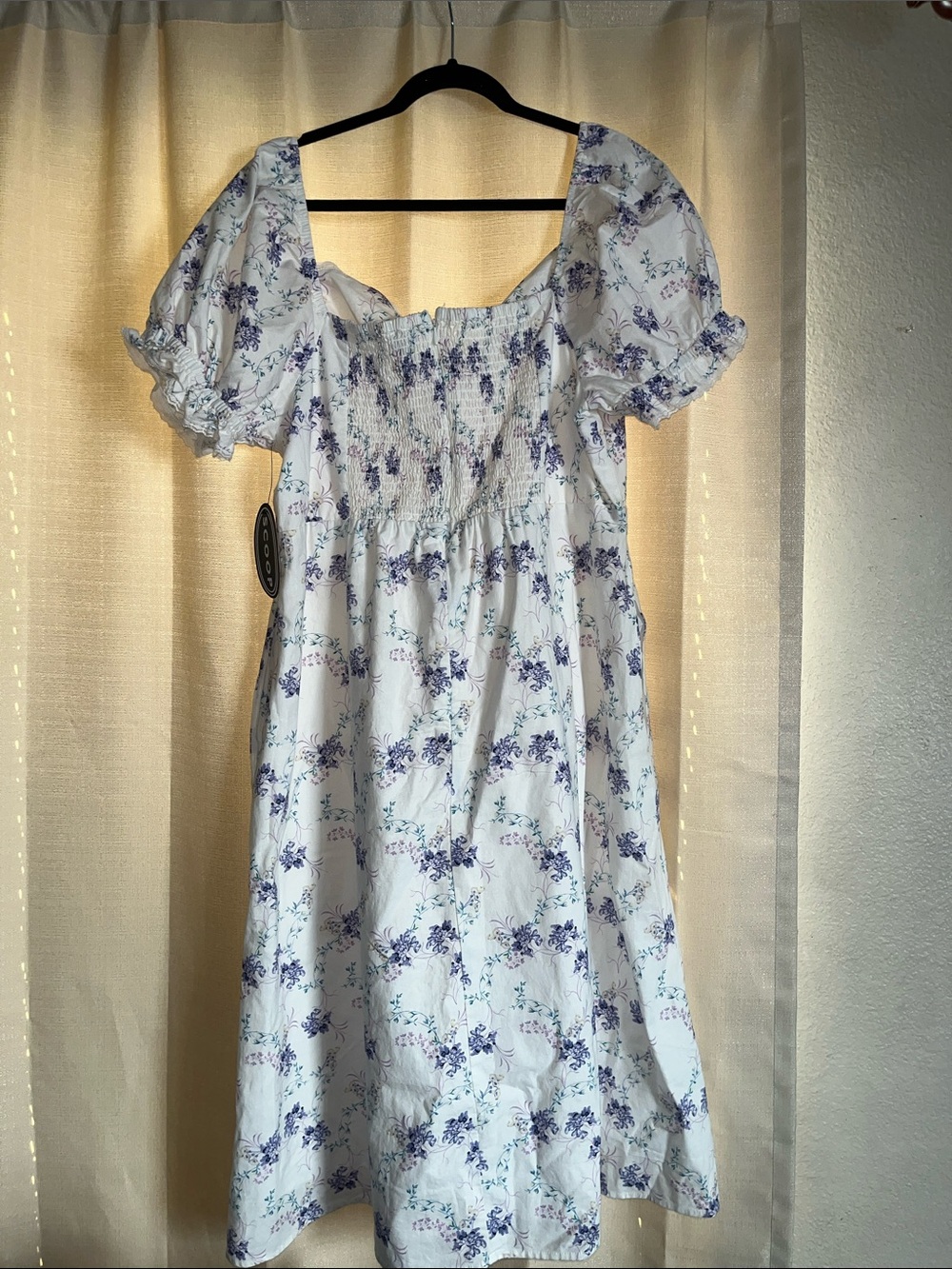 Women’s Scoop White Midi Dress with Purple Floral Print and Puff Sleeves - Picture 7 of 7